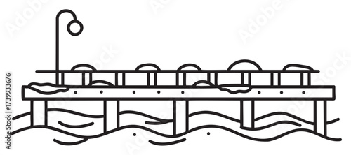Black outline vector icon of a simple pedestrian footbridge over a flowing river with a streetlight. minimal linear illustration for infrastructure and design concepts.
