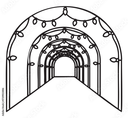 Black outline of an arched tunnel decorated with strings of hanging lights in a minimalist linear design.