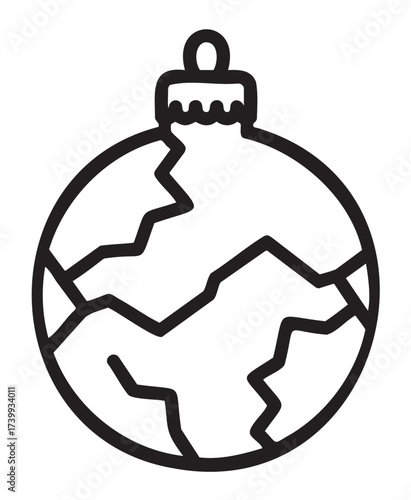 Simple black outline icon of a decorative christmas ornament with abstract line patterns, resembling a cracked surface.