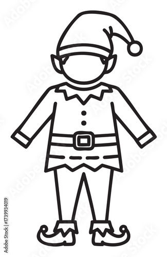 Black outline of a child wearing a hat and festive clothing, resembling an elf, with pointed shoes and belt detail.