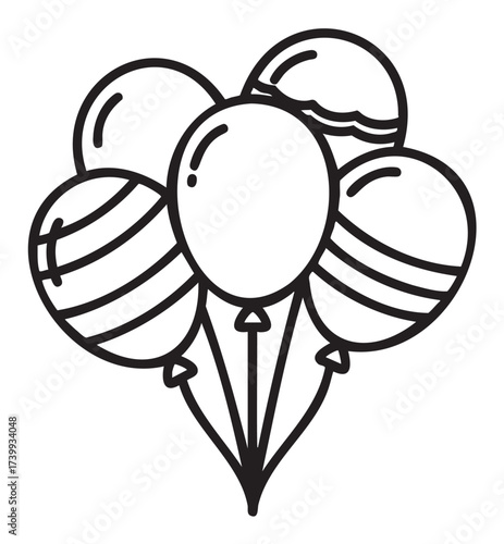Simple black outline drawing of five helium-filled balloons grouped together, showcasing various patterns and designs.