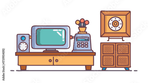 Cartoon illustration of a television set with a speaker and a cabinet in a minimalist style