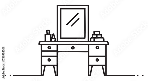 Minimalist black outline of a vanity table with a large mirror, drawers, and various grooming items, illustrating a simple yet stylish design.