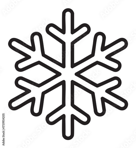 Black outline of a symmetrical six-pointed snowflake shape, designed with angular branches for winter-related concepts.