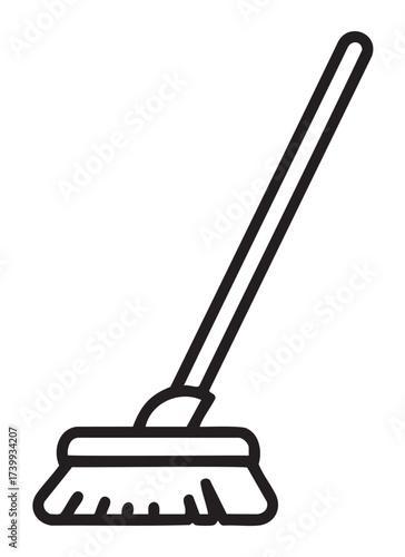 Black outline vector icon of a simple rectangular push broom, depicted with a detailed angled handle and bristles for cleaning concepts.