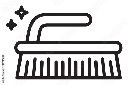 Black outline icon of a simple hand brush with bristles, used for cleaning purposes, with two decorative sparkles.