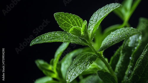 Fresh Green Stevia Leaves Arranged Neatly on Dark Black Background with Soft Lighting