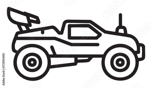 Black outline icon of an off-road vehicle with large wheels and a rear spoiler, designed for rugged terrain and extreme driving conditions.
