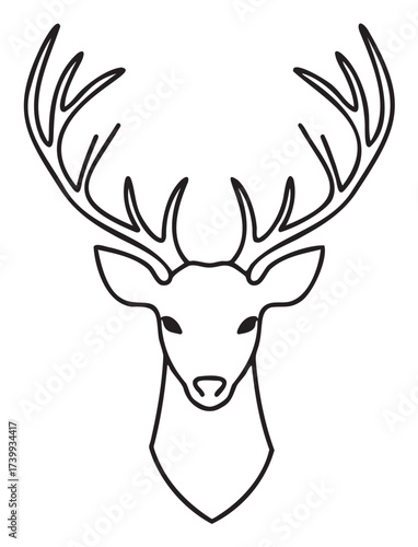 Black outline vector icon of a simple deer head with large antlers, illustrating wildlife, nature, and animal concepts in a minimal linear style.