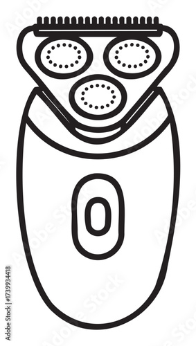 Black outline drawing of an electric rotary shaver with three circular rotating blades for grooming purposes.