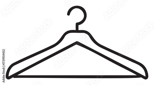 Simple black outline of a hanger with a hook and triangle frame for clothing storage.