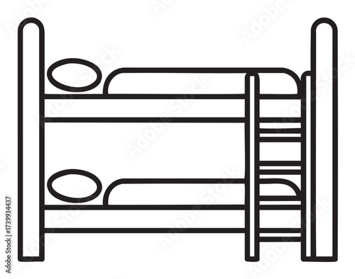 Simple black outline icon of a bunk bed with a ladder, featuring two stacked beds and pillows.