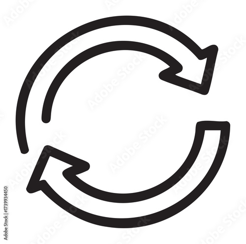 Black outline icon of two circular arrows forming a loop, symbolizing a continuous cycle or recycling process.