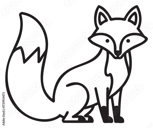 Simple black outline of a fox illustration, highlighting its bushy tail and distinct facial markings.
