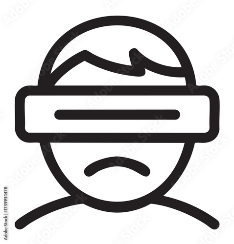 Black outline icon of a person wearing a virtual reality headset with a frown, depicting dissatisfaction or discomfort with the vr experience.