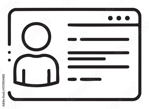 Simple black outline icon of a user profile card featuring a stylized person and text lines, representing personal information.