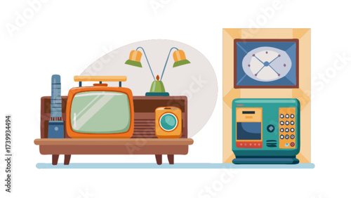 Retro living room scene featuring vintage television set lamp speaker and wall mounted devices design