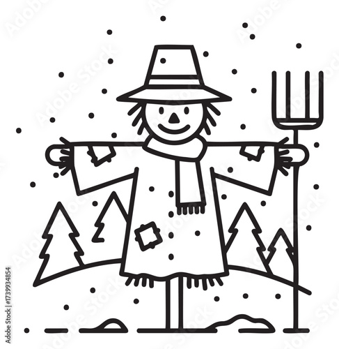Black outline drawing of a smiling scarecrow wearing a hat and scarf, holding a pitchfork, surrounded by falling snow and pine trees.