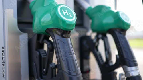 Close-up of green hydrogen fuel nozzles at a refueling station