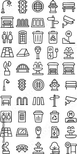 Urban Amenities and Cityscape Elements Icons.