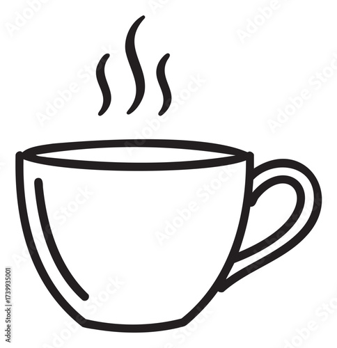 Simple black outline of a steaming coffee cup with a handle, representing warmth and comfort in a minimalist design.