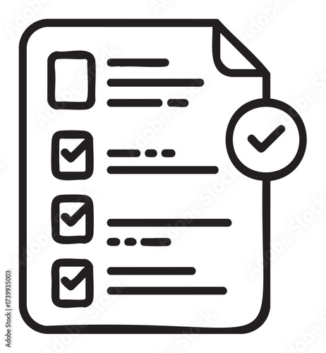 Black outline icon of a checklist on a sheet of paper with check marks in boxes, representing completion and organization.