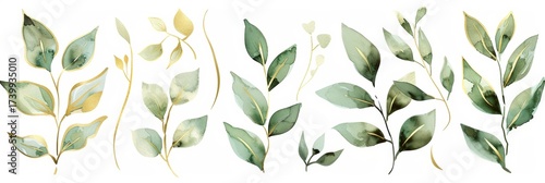 Elegant Arrangement of Vibrant Green Leaves Intertwined with Shiny Golden Branches in Soft Watercolor Tones