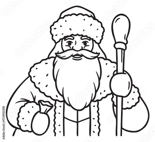 Black outline drawing of a male figure dressed as santa claus holding a staff, with a detailed beard and fur-trimmed hat.