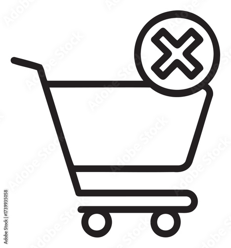 Black outline of a shopping cart with a circle containing an x symbol, symbolizing the concept of not available or out of stock.