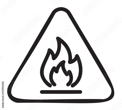 Black outline icon of a triangular warning sign featuring a flame symbol indicating flammable material.