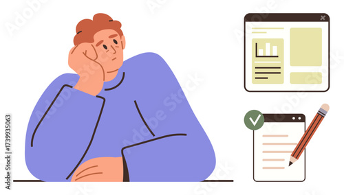 Thoughtful person rests chin on hand beside windows showing analytics and a checklist with a pencil. Ideal for productivity, planning, decision-making, focus, procrastination, organization, simple