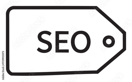 Black outline vector icon of a minimalist rectangular price tag with a dot and the letters seo prominently displayed.