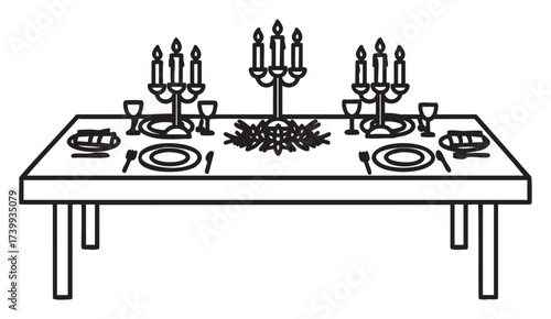 Black outline icon of a formal dining table set with candlesticks, plates, cutlery, and a floral centerpiece for an elegant meal.