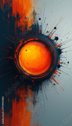 Dynamic abstract art featuring a fiery orange circle