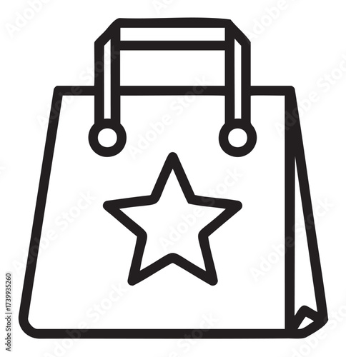 Black outline vector icon of a shopping bag with a star emblem on its side. minimal linear design for retail and consumer concepts.