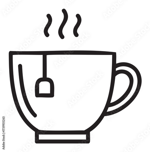 Simple black outline icon of a steaming tea cup with a teabag inside, illustrating a warm beverage concept.