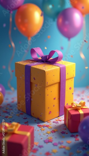 Festive gift box surrounded by colorful balloons and confetti