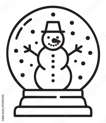Simple black outline of a snow globe featuring a jolly snowman with a hat and buttons surrounded by falling snowflakes.