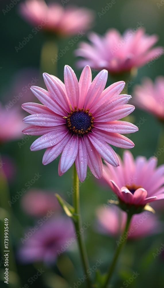 Obraz premium Delicate pink daisies glistening with morning dew