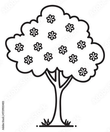 Black outline icon of a flowering tree with a broad canopy and multiple small blossoms on the branches.