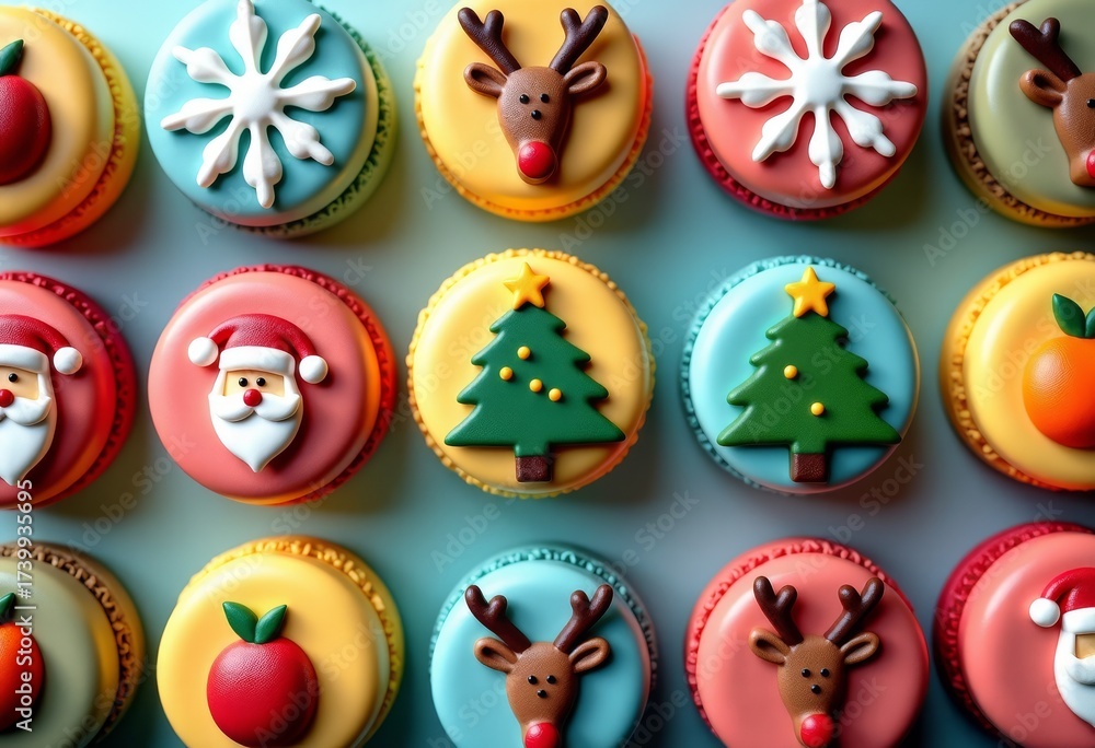 Fototapeta premium A background of colorful macarons decorated for Christmas and New Year. A New Year's dessert