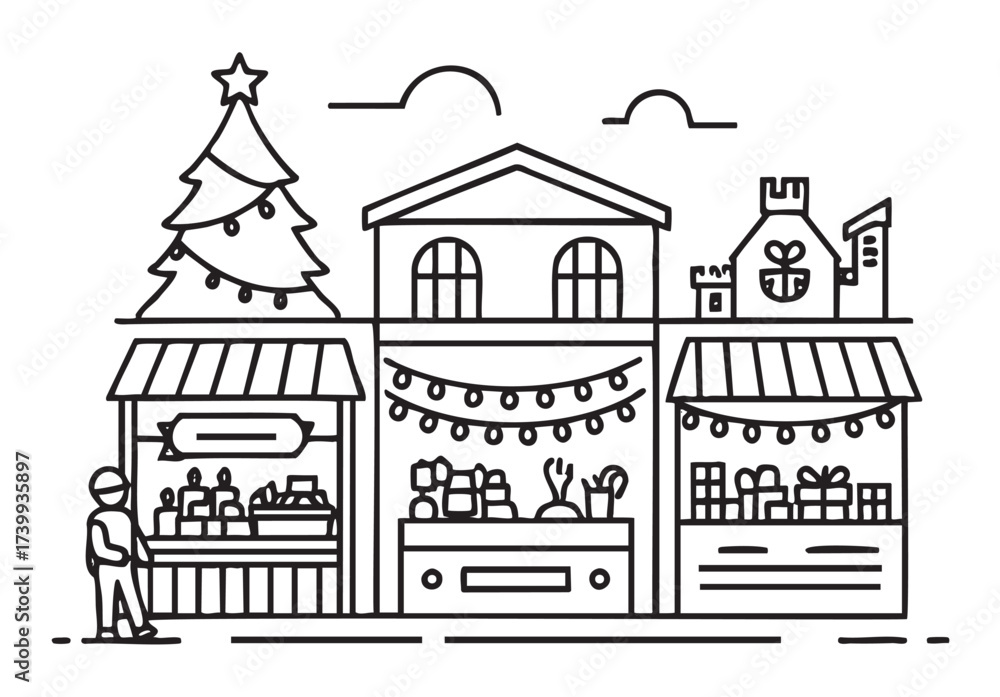 Fototapeta premium Christmas market scene with festive stalls, gift-wrapped presents, a large tree with decorations, and a person walking.