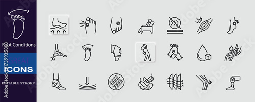 A set of editable stroke icons illustrating various foot conditions and orthopedic features. Ideal for medical, footwear, and health designs.
