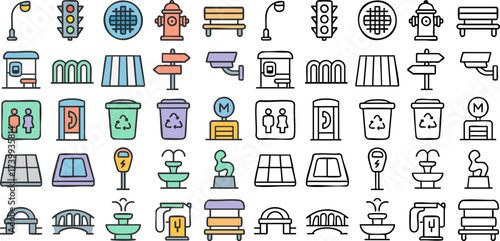 Urban City Elements and Public Services Icons Collection.