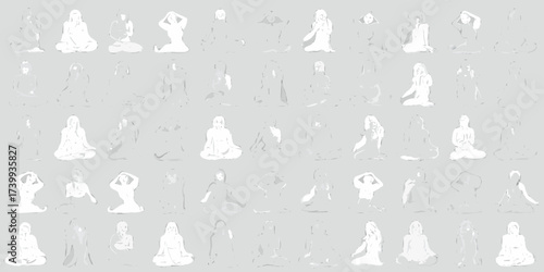 Collection of diverse yoga poses and meditation silhouettes in white on a gray background
