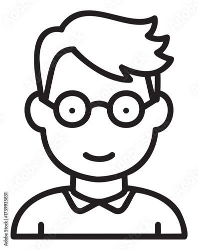Black outline icon of a young male figure wearing glasses and a collared shirt with a simple, friendly expression.