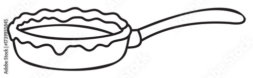 Black and outline of a frying pan with a wavy design on the rim and a long handle.