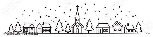 Black outline illustration of a small village town featuring houses, a church with a steeple, and surrounding trees with falling snowflakes.