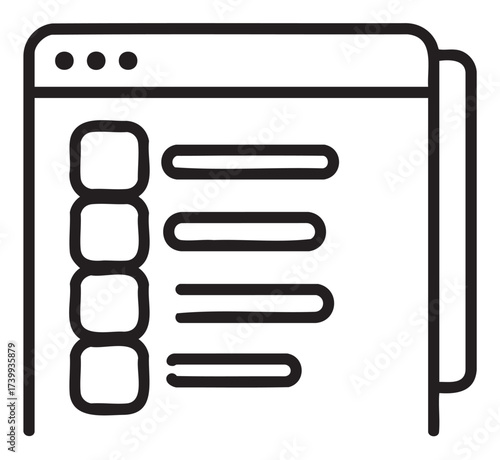 Black outline icon of an open computer window displaying a list with square icons and horizontal lines.