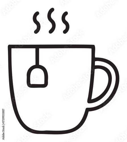 Simple black outline drawing of a steaming tea cup with a tea bag and a handle, ideal for beverage-related designs.
